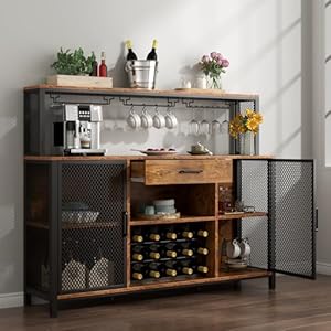 Wine Bar Cabinet with Drawer and LED Lights, 55 Inches Industry Coffee Bar Cabinet with Wine Rack and Glass Goblet Holder, Kitchen Sideboard Buffet Cabinet for Liquor and Goblet Wine Bar Cabinet with Drawer and LED Lights 55 Inches Industry Coffee Bar Cabinet with Wine Rack and Glass Goblet Holder Kitchen Sideboard Buffet Cabinet for Liquor and Goblet