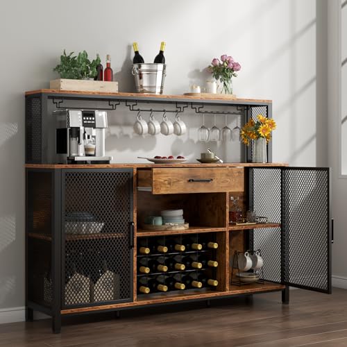 Wine-Bar-Cabinet-with-Drawer-and-LED-Lights-55-Inches-Industry-Coffee-Bar-Cabinet-with-Wine-Rack-and-Glass-Goblet-Holder-Kitchen-Sideboard-Buffet-Cabinet-for-Liquor-and-Goblet Wine Bar Cabinet with Drawer and LED Lights 55 Inches Industry Coffee Bar Cabinet with Wine Rack and Glass Goblet Holder Kitchen Sideboard Buffet Cabinet for Liquor and Goblet