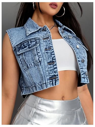 WDIRARA Women's Button Down Cropped Denim Vest Sleeveless Jean Jacket2