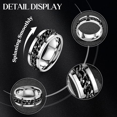 8Pcs Stainless Steel Spinner Rings for Men Women Black Fidget Rings for Anxiety Relief Band Rings Cool Chain Fashion Ring Set Size 7-133