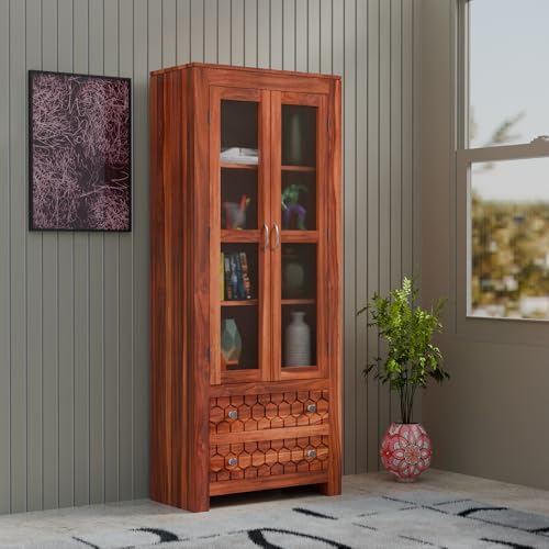 Image of Sheesham Wood Bookshelf with Glass Door for Home Library Solid Wood Bookcase Wooden Crockery Cabinet for Kitchen Book Shelf (Natural Finish)