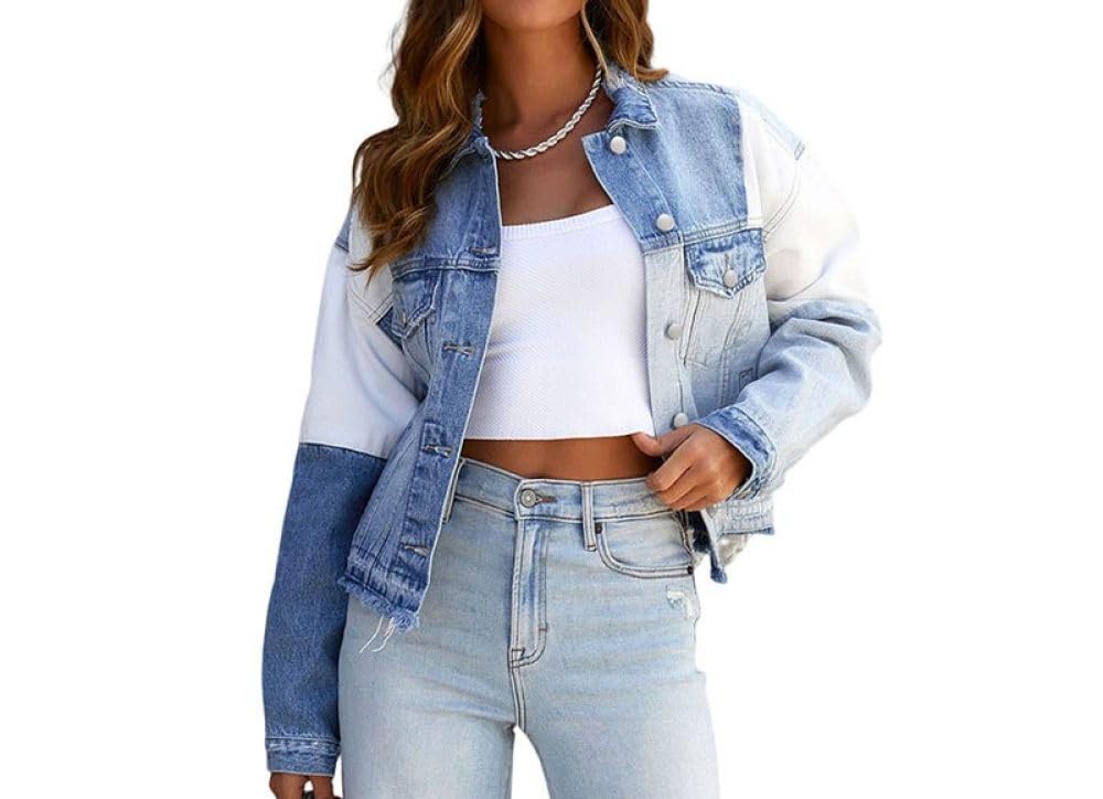 Jeans Jacken Für Damen,Kurz Geschnittene Jeansjacke Für Damen Patchwork Roher Saum Jeans Oberteile Maßgeschneiderter Stretch Trucker Lässige Oberbekleidung Distressed Knopf Jeansmantel Strickjacke J