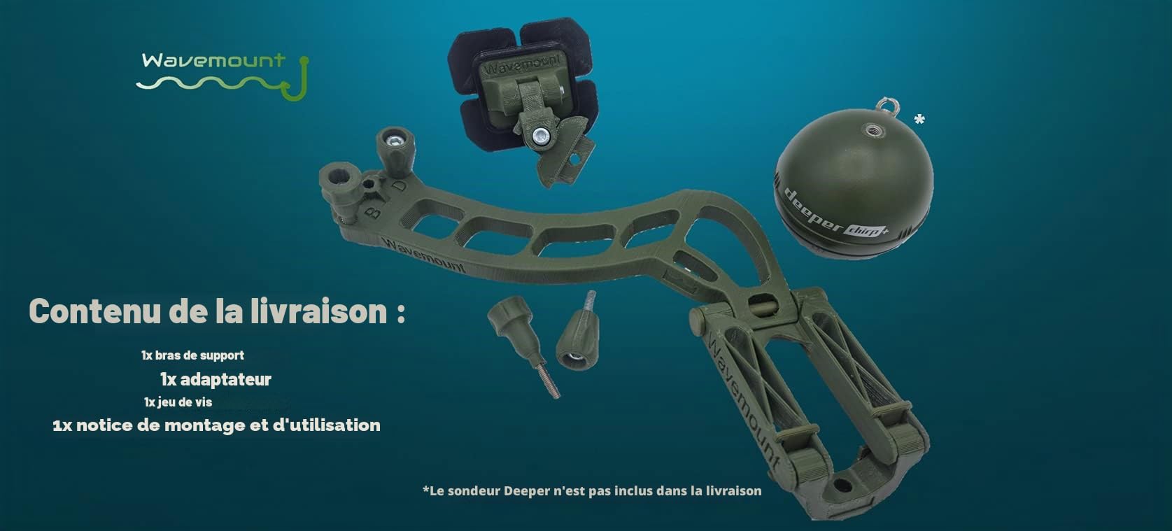 Wavemount - Support Deeper pour tous les bateaux d'alimentation et bateaux pneumatiques (kit de fixation)
