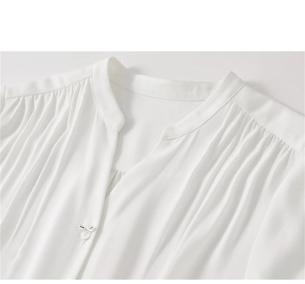 Blusa de manga larga con cuello en V y botones para mujer, con hombros plegados, para oficina