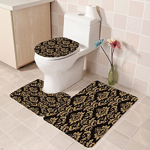 Badematte Badvorleger Set 3-tlg. Teppich, Altes Goldblumenmuster-barocker Damast-reich abstrakte schwarze dunkle venetia… – Bild 3