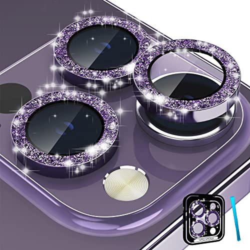 imluckies Kameraschutz Kompatibel mit iPhone 14 Pro/iPhone 14 Pro Max, 9H Gehärtetes Glas Bling Kamera Objektivschutz, Glitzer Individueller Metall Objektivring 2022, Lila Cover