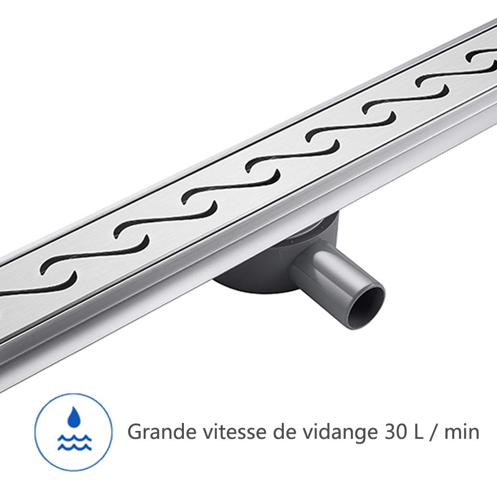 Caniveau pour Douche Siphon Sol d'évacuation en Acier Inoxydable Plancher de Douche de Salle de Bains Rectangle, 360° sortie d'eau, 60cm