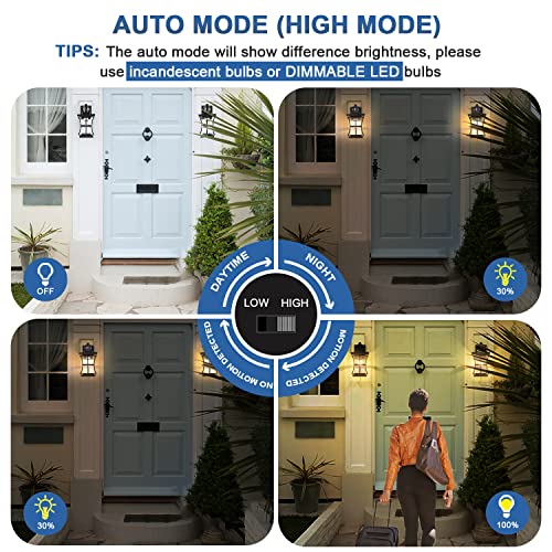 Motion Sensor Outdoor Wall Lights 2 Pack With 2 Dimmable Bulbs, Dusk To Dawn Porch Sconce With Photocell, Waterproof Exterior Wall Lanterns With Seeded Glass Outside Lamp For House, Garage, Black #TOP3