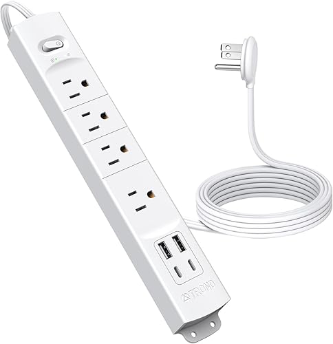 TROND Regleta de alimentación de enchufe plano USB-5 pies, protector de sobretensiones para montaje en pared, 2 cargadores tipo C y 2 puertos USB A