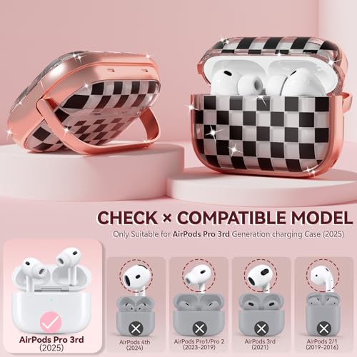 Image of Inesore for AirPods Pro 3 Case Cover 2025 with Lock-Black Checkerboard | Two-Piece Design,with Gold Keychain & Clean Pen, As Phone Stand,Support Wireless Charging,Cute Luxury Case for Women Girly