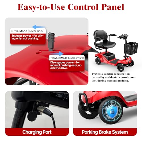 Image of Mobility Scooter,4 Wheel Mobility Scooter,15 Miles Range,300LBS Capacity,Lightweight and Portable,with LED Headlights and Basket,Charger Included,Gifts Suitable for Elders,Red