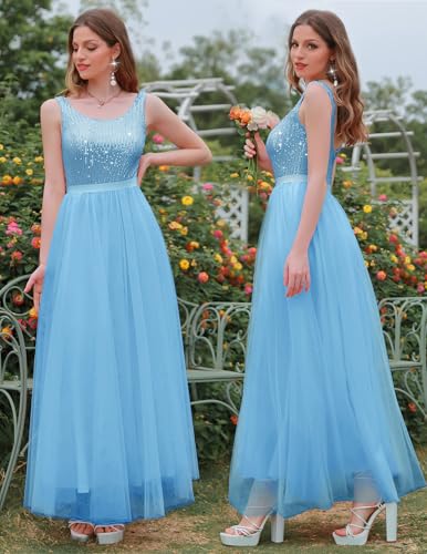 Image of BeryLove Sequin Dress for Woman Vintage A Line Wedding Formal Swing Mesh Dress Sleeveless Cocktail Maxi Gowns