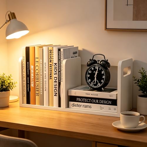 Image of 100% Solid Wood Adjustable Desktop Bookshelf With Movable Divider, Retro Tabletop Bookshelf With Convenient Handle Design for Living Room, Home, Office, Perfect for Magazines, Books, Files (White)