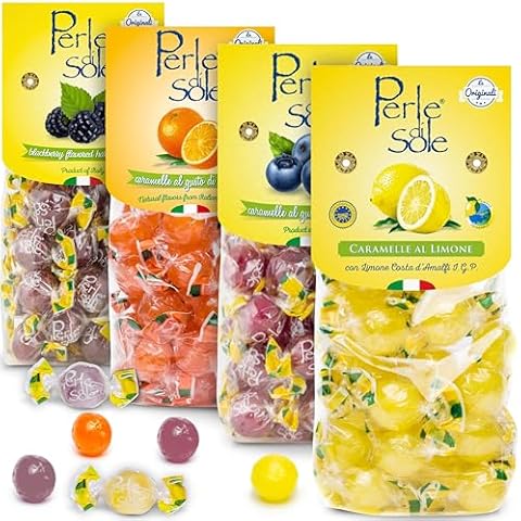 Perle di Sole Candy from Italy - Italian Hard Candy Individually Wrapped - Variety Pack Lemon Drops, Orange, Blackberry, Blueberry Candy (Mix of 4 x 7.05oz Bag) Cover