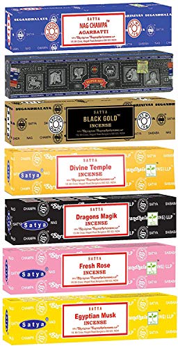Image of Satya Incense Sticks Gift Set, 7 Scents, Nag Champa, Super Hit, Dragon's Blood, Sandalwood, Patchouli, Lavender, Positive Vibes, 15g Each (Healing Mix)