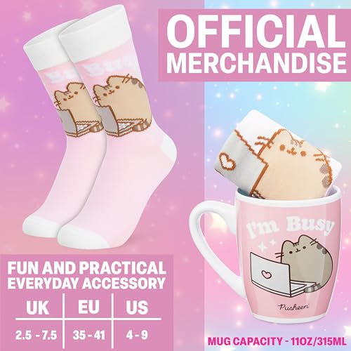 Image of Get Trend Pusheen 11oz Mug and Socks Set, Novelty Valentines Day Gifts for Women, Wife, Girlfriend Teens, Crew Socks Ceramic Coffee Mug Microwave Safe (Pink Pusheen)