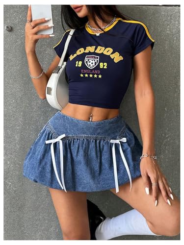 Milumia Women's Denim Bowknot Decor Mini Skirts Ruched Hem Bubble Skirts4
