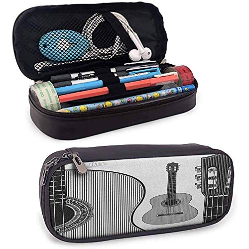 Estuche de lpices de intercalador de guitarra Diseo monocromtico Instrumentos clsicos acsticos a rayas Estuche de lpices de concierto de msica country tradicional
