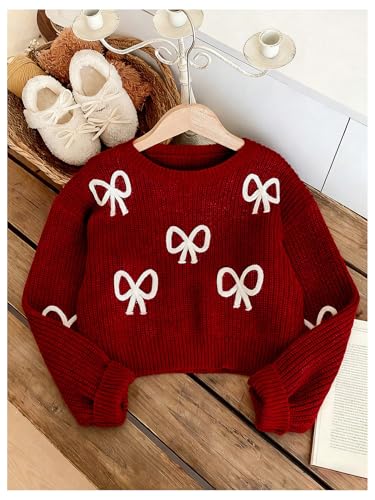 Image of BEAUDRM Girl's Cute Bow Sweater Crew Neck Long Sleeve Drop Shoulder Loose Pullover Tops