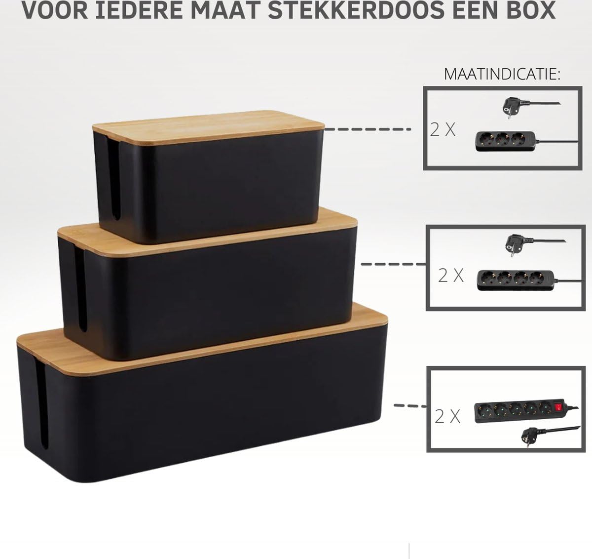BUDDLEY Caja de cables de bambú (SET), caja de cables, caja de almacenamiento de cables, regleta de cables, gestión de cables, organizador de cables, escritorio, caja de cables, regleta CableBox