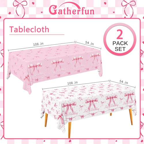 Image of Gatherfun Pink Bow-Themed Party Supplies Set for Women: Happy Birthday & Bachelorette Decorations Combo - Includes 2 Disposable Tablecloths (54 x 108 inch) for Birthday & Tea Party Decorations