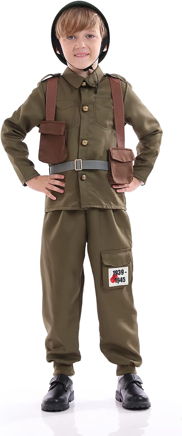 Army Soldier Costume Kids，Unisex WWII Soldier Dress Up with Helmet，Halloween Cosplay Outfit Boys，Khaki - Image 3