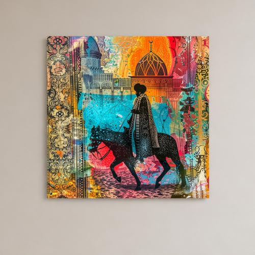 Image of Royal Horse Rider Stretched Canvas Wall Art Painting for Living Room | Colorful Ethnic Abstract Horse Painting | Vintage Cultural Wall Decor for Home & Office, 22x22 Inch