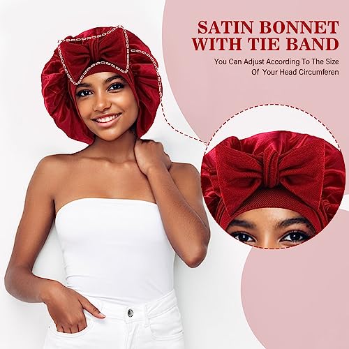 Abeillo Silk Sleep Bonnets for Women 1PC Adjustable Satin Night Sleeping Cap Soft Elastic Band Silk Bonnets for Sleeping Hair Bonnet with Tie Band for Curly Hair Braid Women (Wine Red) - Image 4