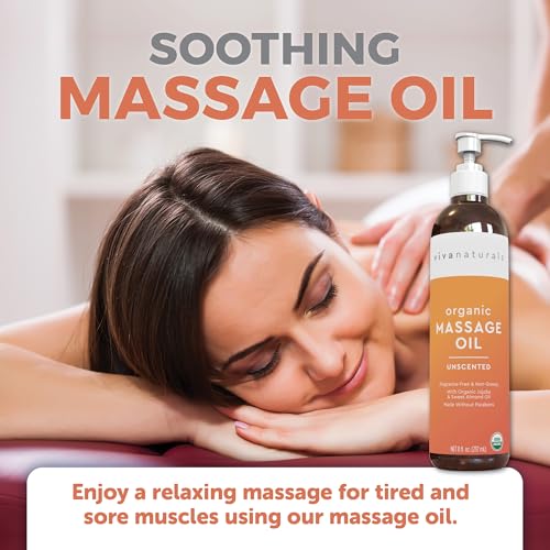 Image of Viva Naturals Organic Massage Oil Unscented (8 fl. oz.) - Non-Greasy Body Oil with Mess-Free Pump, Moisturizing Massage Oils for Massage Therapy, Non-GMO and Certified Organic, 237 mL