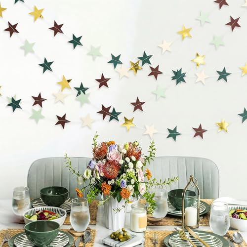 Image of Patelai 130 Feet Glitter Star Garland Banner 2026 Party Decoration Double Side Star Hanging String Streamer Paper Twinkle for Graduation Wedding Birthday (White,Light /Dark Green,Brown,Gold)