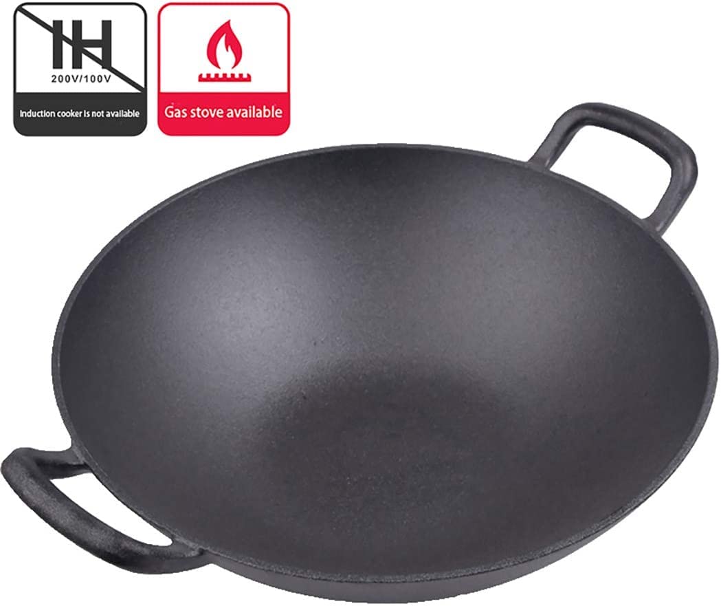 Wok nero 32 cm con coperchio antiaderente spesso doppio orecchio mescolato stufato zuppa stufato ferro wok gas speciale (dimensioni: 32 cm di lunghezza x 9,9 cm di altezza)