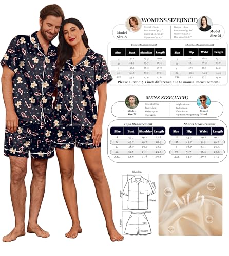 Image of Ekouaer Couple Matching Pajamas Sets Silk Short Sleeve Button Down Sleepwear Satin Pjs Shorts Set Soft Loungewear S-XXL