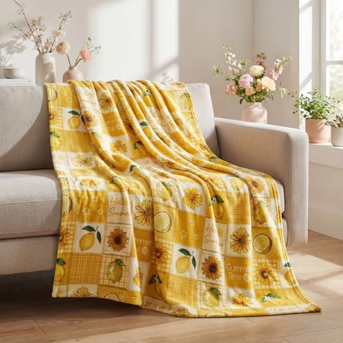 Horaldaily Spring Summer Flannel Blanket Throw, Patchwork Bufflo Yellow Lemon