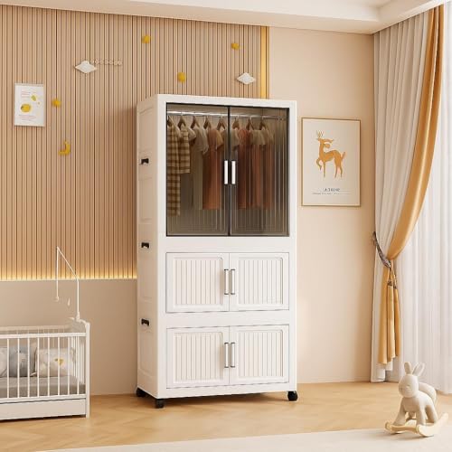 Image of 3-Door Plastic Wardrobe for Kids| Almirah and Wardrobe for Baby Clothes| Modular Storage Cabinet with Wheels|Kids Multi-Purpose Collapsible Wardrobe (White-WWA, 2-Layer)