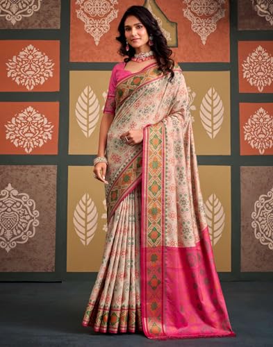 Image of MADHUHANSH Women's Cotton Linen Saree with Unstitched Blouse Piece and Floral Printed Pattern | Women Saree for Special Occasion | Stylish Modern Sarees