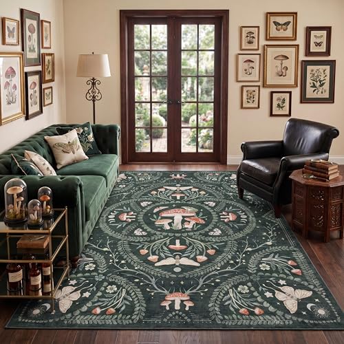 Garvee Mushroom 5x7 Area Rugs for Living Room Dark Academia Gothic Rug Non Slip Animal Print Washable Rugs 5x7 Low Pile Bedroom Decor Bug Carpet with Rubber for Playroom Dining Room Office Green