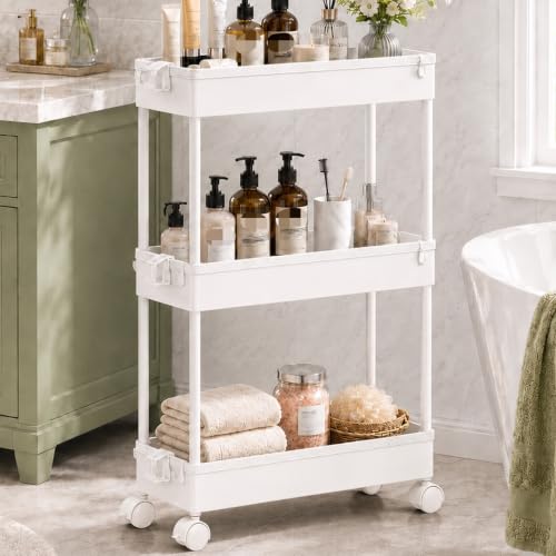 SPACEKEEPER Slim Rolling Storage Cart, 3 Tier Bathroom Cart Organizer,White