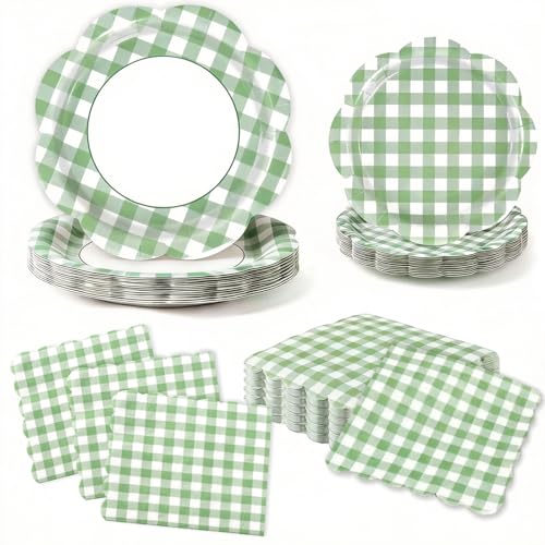 60Pcs Green Gingham Party Supplies Scalloped Checkered Dessert Paper Plates and Napkins Disposable Plaid Tableware Set for Birthday Wedding Baby Shower Spring Family Dinner Party Supplies Serves 20