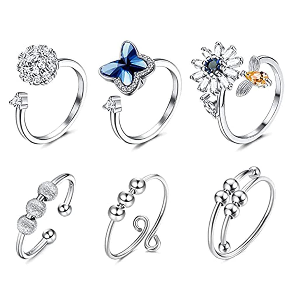 6Pcs Fidget Anxiety Rings for Women Spinner Band Rings for Anxiety Adjustable Cubic Zirconia Flower Butterfly Bead Stress Relief Spinning Stackable Ring Set, Gift for Women Girls