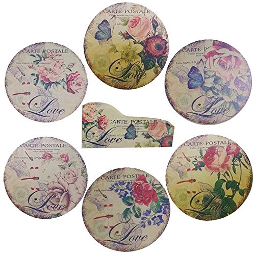 NewFerU Coasters for 6 Drinks Absorbent with Wooden Holder, Round Wood Cup Mat Set Vintage Decorative Pads for Wine, Tea, Coffee, Beverage, Beer of Kitchen Office Bar Table Countertops (4 Butterfly)