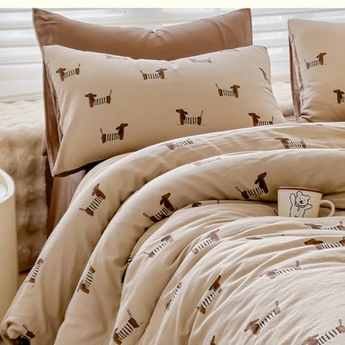 Sedefen Bettwäsche 135x200cm Dackel Beige Braun Wendebettwäsche Set 2 Teilig Wursthund Dackel-Motiv Bettwaren-Sets Microfaser ÖKO-TEX Bettbezug mit Reißverschluss und 1 Kissenbezug 80x80cm