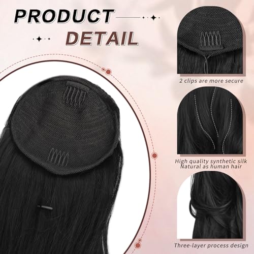 Chrshn Ponytail Extension, 26 Inch Drawstring Ponytail Extension For Women Long Black Wavy Layered Pony Tails Hair Extensions Synthetic Clip In Ponytail Hairpiece For Women thumb #6