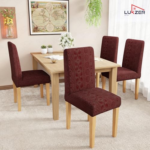 Image of Lukzer Elastic Dining Chair Cover - 2PC Pastel Deep Maroon Tribal | Textured High Stretch Jacquard Seat Cover | Removable Washable Short Dining Chair Cover Protector Seat Slipcover | (CC-135-2)