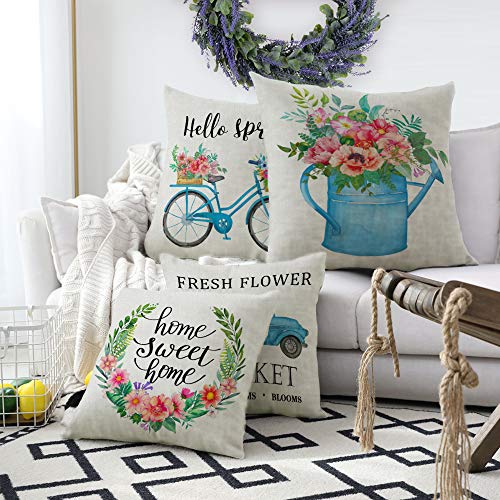 pinata Spring Pillow Covers 18x18 Farmhouse Decorative Spring Decorations for Home Throw Pillows Cases Set of 4 Outdoor Decor Holiday Rustic Fresh Flowers Wreath Bicycle Truck Seasonal Cushion Covers