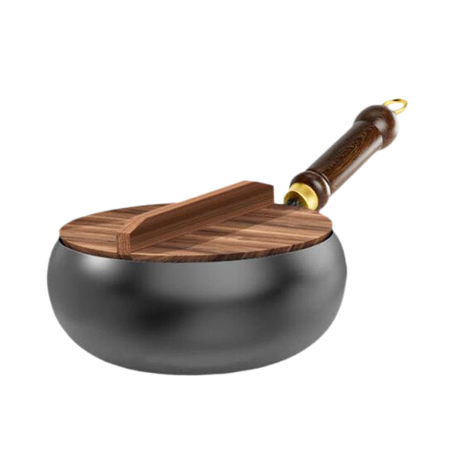 Padella antiaderente wok cinese da 45 pollici, pentola profonda con manico ergonomico in legno, cottura in padella, wok antiaderente realizzato, coperchio legno, 24 cm