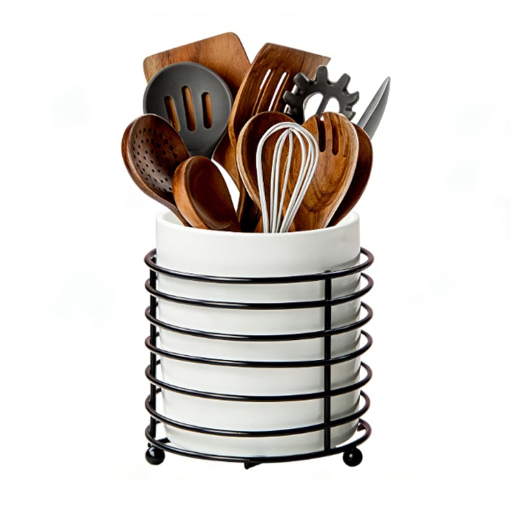 Louie Silna White And Black Kitchen Utensil Holder For Countertop,Ceramic Cutlery Holder With Ring Stand,Storage For Kitchen Accessories(White And Black)
