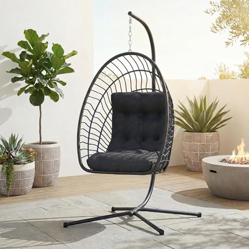 Kingdura Hanging Egg Chair with Stand Indoor Outdoor, Foldable Rattan Wicker Hammock Egg Swing Chair for Bedroom Porch Patio Garden, Thickened Cushion, 350LBS Capacity, Heavy Duty Frame