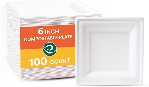 ECO SOUL Platos de papel cuadrados blanco perla de 8 pulgadas (paquete de 100 unidades) Bagazo desechable 100% compostable I Platos de cena