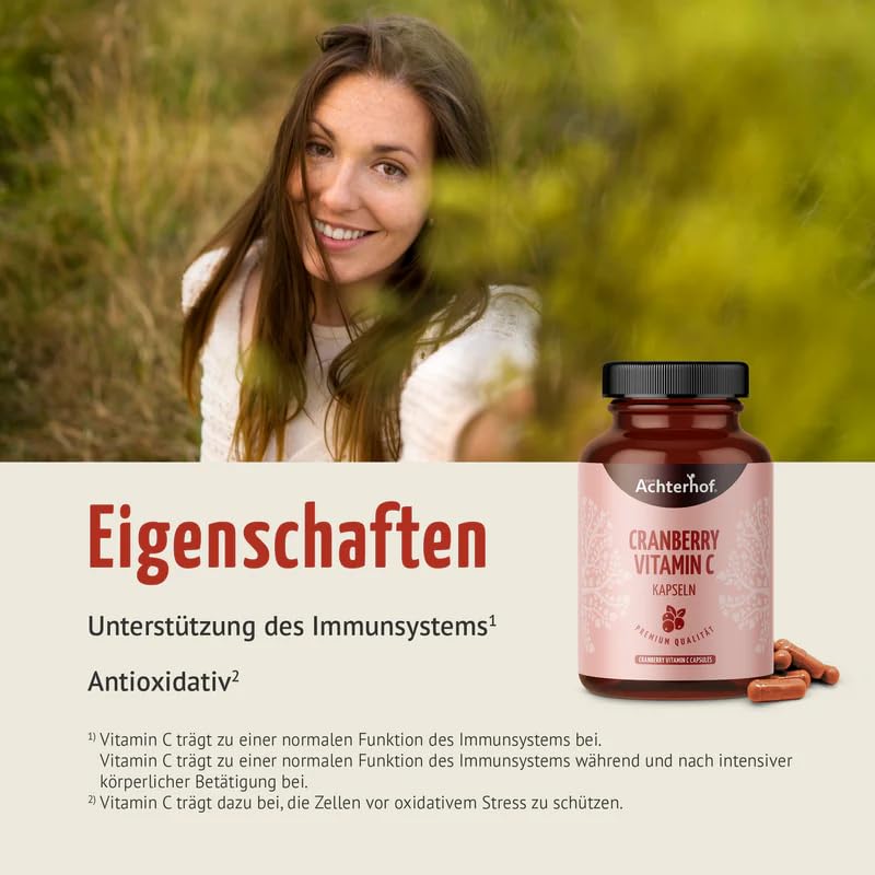 Cranberry Vitamin C Kapseln 180 Stück | mit natürlichem Vitamin C aus der Acerola | bewährte und vegane Pflanzenstoffe | Achterhof (Packung mit 2)