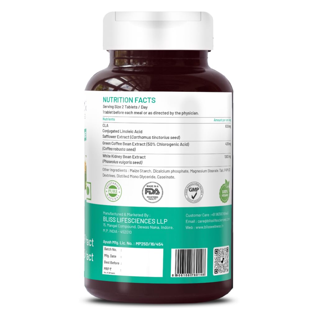 Bliss Welness 360* Weight Management | 50% (Green Coffee Bean Extract) + White Kidney Bean Extract + CLA | Carb Control | Metabolism Lean Muscle Health Supplement - 60 Vegeterian Tablets — Amazon image 2